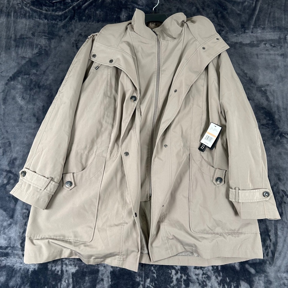 Miss‎ Gallery Woman Trench Coat Women 2X Tan Hooded Zip Out Liner All Weather